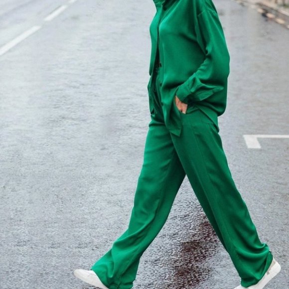 womens satin button down shirt and pant set chic classy trending green - Picture 4 of 5